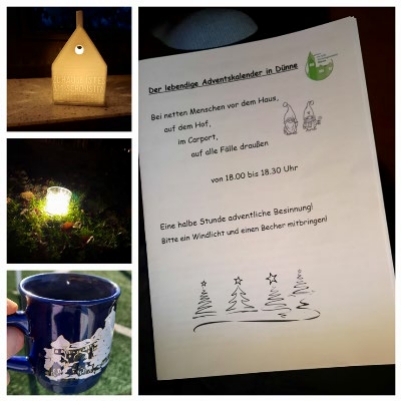 Linke Seite des Bildes: 3 kleine Bilder untereinander: Ein kleines Haus von innen beleuchtet, ein Teelicht und eine Glühweintasse. Rechts daneben der Liedzettel zum lebendigen Advent.